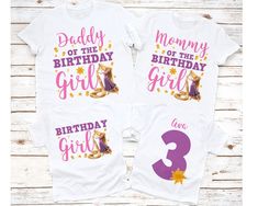 two matching birthday shirts with the number three printed on them, one in purple and one in white