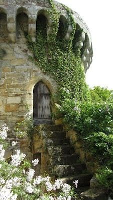 an old stone building with stairs leading up to the door and flowers growing on it