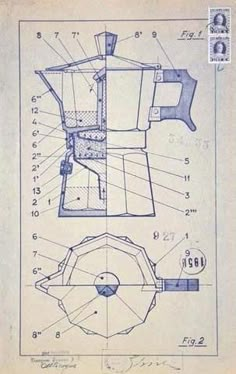 an old manual coffee maker with instructions for the parts to make it and how to use it