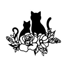 two cats sitting on top of a flower with leaves and flowers around them, silhouetted against