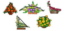 six different types of floral arrangements arranged in pots with plants and fruit on them,