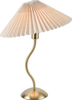 a table lamp with a white shade on it's top and a gold base