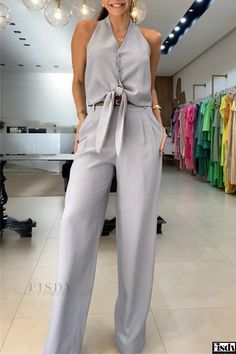 Fisdy - Classic British-Inspired Solid Two-Piece Ensemble with Frenulum-Adorned V-Neck and Sleeveless Design Sleeveless Suit, Casual Tie, Two Piece Pants Set, Tie Dye Designs, Urban Chic, Two Piece Outfit, British Style, Wholesale Fashion, Olivia Mark