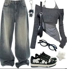 🎱🖤🩶🌑🤍 Fall School Outfits Y2k, Outfits With Dark Blue Flare Jeans, Dark Y2k Fashion, Male Gaze, Dark Y2k, Cold Outfit, School Outfit Ideas, Op Shop, Outfit Inspo Casual