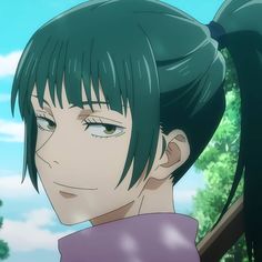 an anime character with black hair and green eyes looks at the camera while standing in front of trees