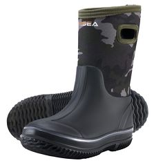 a pair of gray and black boots with camouflage print