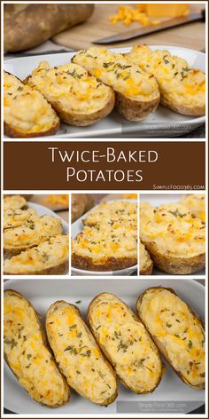 several pictures of baked potatoes with cheese on top and the words twice - baked potatoes above them