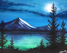 a painting of a mountain and lake with trees in the foreground, under a full moon