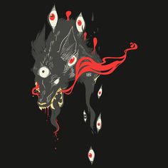 a black wolf with red eyes and blood dripping from its mouth on a black background