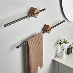 two towel racks are hanging on the wall next to a mirror and a potted plant