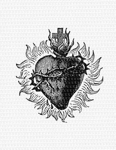 a heart with a cross on it surrounded by flames, vintage line drawing or engraving