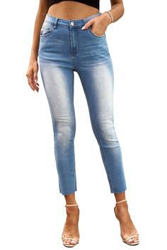 Sky Blue High Waist Ankle-length Skinny Jeans Blue Ankle-length Bottoms For Spring, Spring Ankle-length Blue Bottoms, Cheap Womens Fashion, Jeans Online, Club Dresses, Easy Wear, Affordable Fashion, Denim Pants, High Waist Jeans