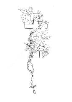 a cross with flowers and a rosary hanging from it's side on a white background