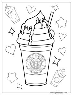 a coloring page with an ice cream sundae in the middle and hearts around it