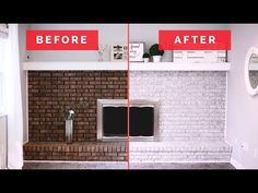 the before and after of a fireplace remodel in a living room with red brick