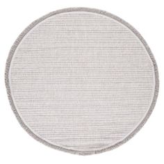 a round rug with white and grey stripes on the bottom, in front of a white background