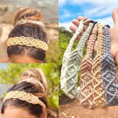 four different types of crochet headbands being held by someone's hand