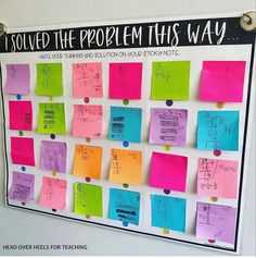 a bulletin board covered in post it notes with writing on the front and back side