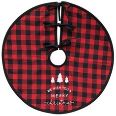 a red and black buffalo plaid christmas tree skirt with the words we wish you merry written on it