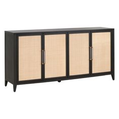 a black and beige cabinet with three doors