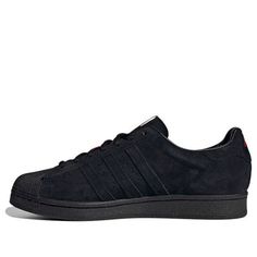 adidas Thrasher x Superstar ADV 'Black Scarlet' FY9025 (SNKR) Black Athleisure Sneakers With Gum Sole, Black Low-top Sneakers With Three Stripes Branding, Black Skate Shoes For Streetwear In Athleisure Style, Black Athleisure Skate Shoes For Streetwear, Adidas Sporty Black Skate Shoes, Adidas Black Sporty Skate Shoes, Sporty Black Adidas Skate Shoes, Black Sneakers With Three Stripes Branding, Adidas Black Skate Shoes For Sports