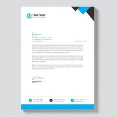 a letterhead with blue and black accents