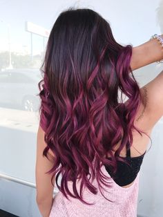 Purple Burgundy Hair Color, Purple Burgundy Hair, Burgundy Balayage, Pink Ombre Hair, Dark Purple Hair, Brown Ombre Hair, Color Balayage, Brunette Balayage, Hair Color Burgundy