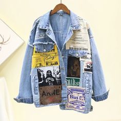 Discover the bold Vintage Patchwork Denim Jacket featuring a unique graphic design. It's perfect for fashion-forward individuals and free shipping is available! Newspaper Pattern, Ropa Upcycling, Jaket Denim, Patchwork Denim Jacket, Coat Trends, Kleidung Diy, Jean Jacket Women, Painted Denim, Oversized Denim Jacket