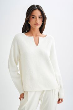 Jenelle Fluffy Oversized Jumper - Ivory Oversized Chic V-neck Sweater For Layering, Chic Oversized V-neck Sweater For Layering, White V-neck Long Sleeve Top For Fall, Winter V-neck Long Sleeve Top For Layering, White V-neck Sweater With Ribbed Neckline, White Fine Knit V-neck Sweater For Winter, Winter White Long Sleeve Knit Top, Oversized Chic Sweater With Ribbed Neckline, Oversized V-neck Sweater With Soft Texture