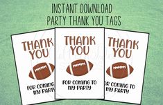 three thank cards with footballs on them and the words, thank you for coming to their party