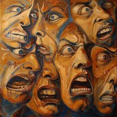 an oil painting of five faces with different facial expressions on the upper half of each face