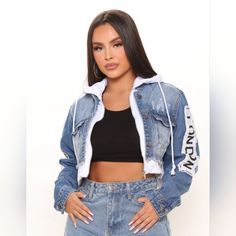 Nwt American Bazi Fashion Tour Jean Jacket Size Medium Trendy White Denim Jacket For Streetwear, Blue Long Sleeve Cropped Jacket For Streetwear, White Denim Outerwear For Streetwear, Fitted White Denim Jacket For Streetwear, Jean Jackets, Jean Coat, Jean Jacket, Blue White, Color Blue