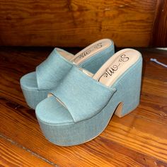 Never Worn Super Cute Platform Heels Size 7.5/8 Spring Light Blue Platform Heels, Chic Denim Block Heel, Chic Denim Block Heel Shoes, Chic Denim Block Heel Heels, Chic Denim Heels With Block Heel, Light Blue Casual Block Heel, Trendy Fabric Heels, Casual Light Blue Block Heel Heels, Chic Denim Platform Heels