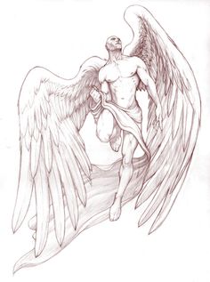 a drawing of an angel holding a teddy bear in his arms, with wings spread out