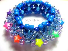 3D Kandi Cuff, Blue, Stars, Disc Style, Neon Rainbow Bracelet, , Rave Plur Kandi 3d Kandi Cuff, Rave Kandi Ideas, Edc Bracelets, 3d Kandi, Kandi Perler, Neon Stars, Rave Ideas, Kandi Inspo, Kandi Cuffs