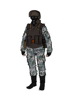 a drawing of a man in camouflage gear with a gas mask and goggles on