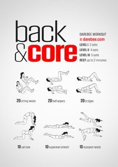 the back and core workout poster is shown in red, black, and grey colors