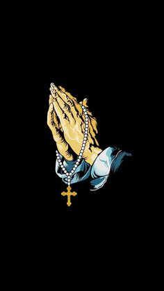 a praying hands with a cross on it and beads hanging from the wrist, against a black background