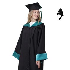 a woman in a graduation gown and cap with a black cat on the back ground