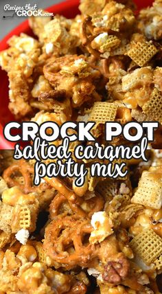 If you are looking for an amazing recipe to have as a snack or take to a party, this Crock Pot Salted Caramel Party Mix is it! It is delicious! via @recipescrock