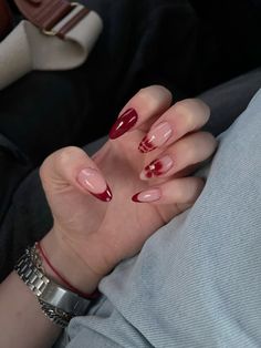 red nail inspo, french tip, flowers Nail Inspo Red Design, Almond Festive Nails, Red Nails Design French, Skin Tone Nails Designs, Hoco Nail Ideas Red, Dark Red Christmas Nails Square, Nail Ideas Red French Tips, Red Nail Manicure, Red Flower Outfit