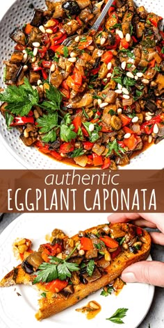 an eggplant caponata is served on a white plate