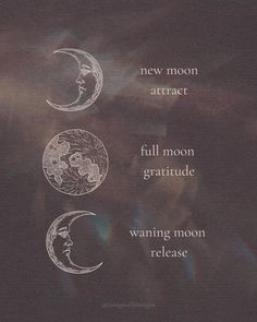 three phases of the moon in white ink on a dark background with text below it