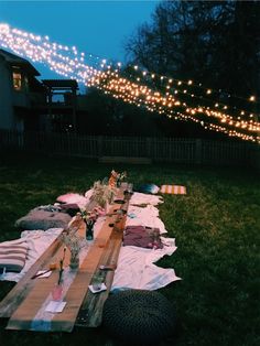 an outdoor picnic with lights strung over the back yard and tables laid out on the grass