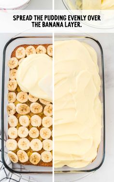 banana pudding in a glass baking dish before and after it has been frosted with icing