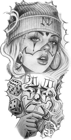 a drawing of a girl with her face painted like a clown and holding dices