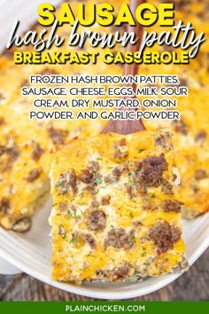 sausage hash brown patty breakfast casserole on a white plate with text overlay