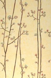 a painting of branches with flowers against a yellow background