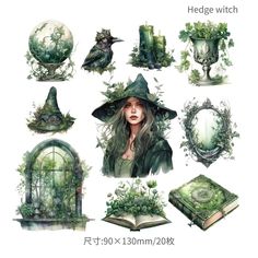 the wizard's hat and other items are depicted in this illustration, including an open book