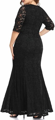 Black Floral Lace Long Wrap V Neck Mermaid Dress 95% Polyester, 5% Spandex Zipper closure Material: Lace, 90% Nylon, 10% spandex. Soft and comfy, floral lace. Office Women Clothing, Mermaid Cocktail, Wedding Mermaid, Evening Dresses Wedding, Black Plus Size Dress, Black Lace Gown, Gala Dresses, Wedding Dresses Plus Size, Prom Dresses Ball Gown